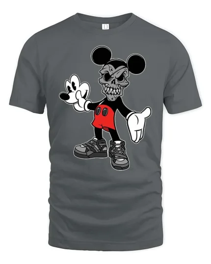 Retro Cartoon Skull Mouse Tshirt Dark Streetwear Graphic Tee - gray t-shirt on white background