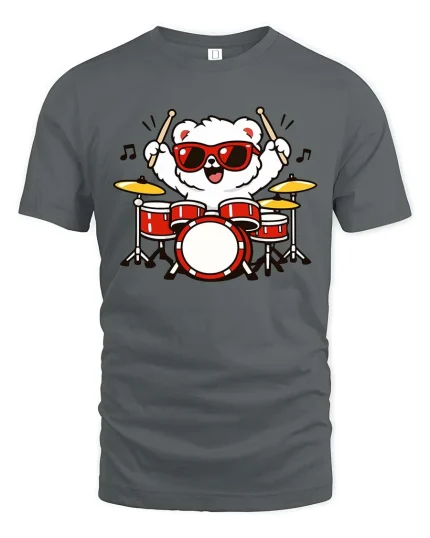 Cute Bear Drummer Cartoon Tshirt Funny Music Graphic Tee - gray t-shirt on white background