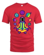 Rainbow Astronaut Meditation Tshirt Cosmic Yoga Graphic Tee - red t-shirt on white background