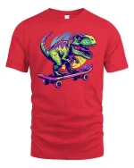Skateboarding T Rex Neon Dinosaur Tshirt Cool Street Graphic - red t-shirt on white background