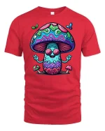 Trippy Mushroom Peace Sign Tshirt Psychedelic Art Graphic - red t-shirt on white background