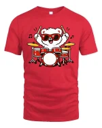 Cute Bear Drummer Cartoon Tshirt Funny Music Graphic Tee - red t-shirt on white background