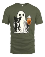 Cute Ghost Dog Coffee Halloween Tshirt Funny Fall Graphic Tee - military green t-shirt on white background
