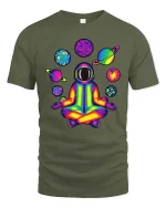 Rainbow Astronaut Meditation Tshirt Cosmic Yoga Graphic Tee - military green t-shirt on white background