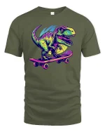 Skateboarding T Rex Neon Dinosaur Tshirt Cool Street Graphic - military green t-shirt on white background