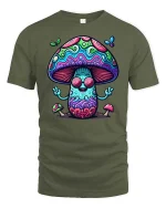 Trippy Mushroom Peace Sign Tshirt Psychedelic Art Graphic - military green t-shirt on white background