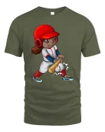 Cute Baseball Girl Swing Cartoon Tshirt Sports Graphic Tee - military green t-shirt on white background