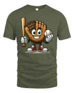 Cute Baseball Glove Cartoon Character Tshirt Sports Fun Tee - military green t-shirt on white background