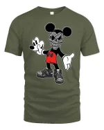 Retro Cartoon Skull Mouse Tshirt Dark Streetwear Graphic Tee - military green t-shirt on white background