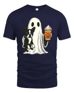 Cute Ghost Dog Coffee Halloween Tshirt Funny Fall Graphic Tee - navy t-shirt on white background