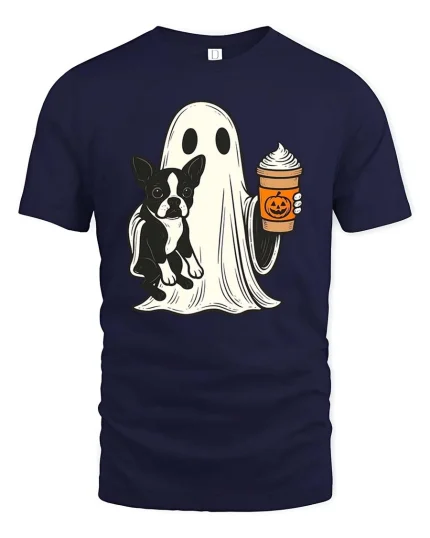 Cute Ghost Dog Coffee Halloween Tshirt Funny Fall Graphic Tee - navy t-shirt on white background