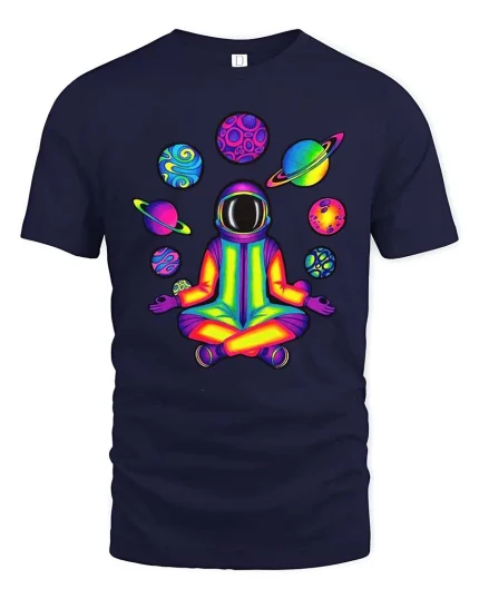 Rainbow Astronaut Meditation Tshirt Cosmic Yoga Graphic Tee - navy t-shirt on white background