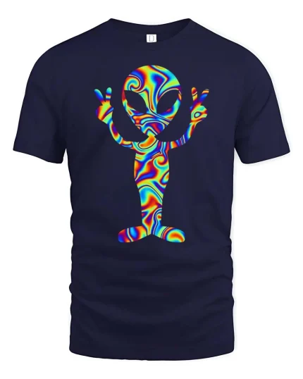 Psychedelic Alien Peace Sign Tshirt Trippy Space Graphic Tee - navy t-shirt on white background