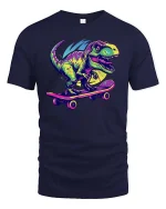Skateboarding T Rex Neon Dinosaur Tshirt Cool Street Graphic - navy t-shirt on white background