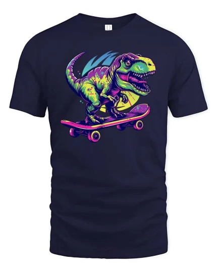Skateboarding T Rex Neon Dinosaur Tshirt Cool Street Graphic - navy t-shirt on white background