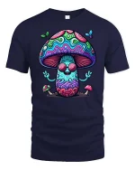 Trippy Mushroom Peace Sign Tshirt Psychedelic Art Graphic - navy t-shirt on white background