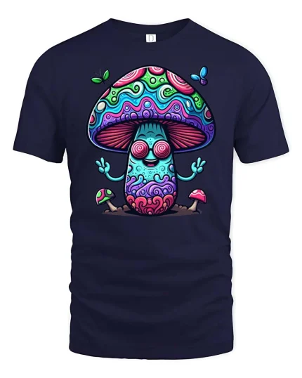 Trippy Mushroom Peace Sign Tshirt Psychedelic Art Graphic - navy t-shirt on white background