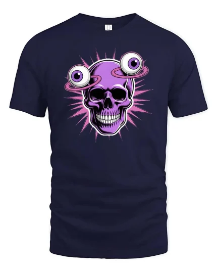 Psychedelic Skull Floating Eyes Tshirt Trippy Graphic Tee - navy t-shirt on white background
