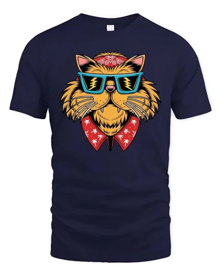 Cool Cat Sunglasses Bandana Tshirt Street Style Graphic Tee - navy t-shirt on white background