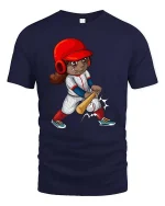 Cute Baseball Girl Swing Cartoon Tshirt Sports Graphic Tee - navy t-shirt on white background