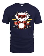 Cute Bear Drummer Cartoon Tshirt Funny Music Graphic Tee - navy t-shirt on white background