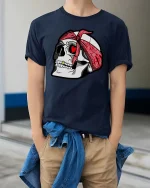 Skull Bandana Heart Eyes Tshirt Streetwear Graphic Tee - model wearing navy tee with hands in pockets