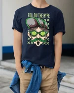 Follow The Hype Cool Dude Glasses Tshirt Streetwear Graphic - model wearing navy tee with hands in pockets