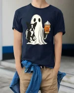 Cute Ghost Dog Coffee Halloween Tshirt Funny Fall Graphic Tee - model wearing navy tee with hands in pockets