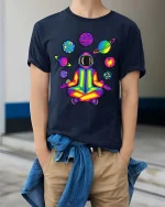 Rainbow Astronaut Meditation Tshirt Cosmic Yoga Graphic Tee - model wearing navy tee with hands in pockets