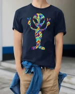 Psychedelic Alien Peace Sign Tshirt Trippy Space Graphic Tee - model wearing navy tee with hands in pockets