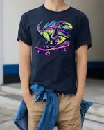 Skateboarding T Rex Neon Dinosaur Tshirt Cool Street Graphic - model wearing navy tee with hands in pockets