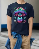 Trippy Mushroom Peace Sign Tshirt Psychedelic Art Graphic - model wearing navy tee with hands in pockets