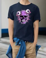 Psychedelic Skull Floating Eyes Tshirt Trippy Graphic Tee - model wearing navy tee with hands in pockets