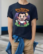 Funny Bite Upgrade in Progress Vampire Tshirt Tee - model wearing navy tee with hands in pockets