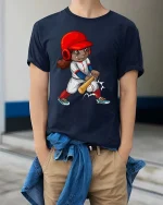 Cute Baseball Girl Swing Cartoon Tshirt Sports Graphic Tee - model wearing navy tee with hands in pockets