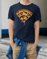 Funny Pizza Wifi Symbol Tshirt Melting Cheese Graphic Tee - model wearing navy tee with hands in pockets