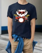 Cute Bear Drummer Cartoon Tshirt Funny Music Graphic Tee - model wearing navy tee with hands in pockets