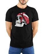 Skull Bandana Heart Eyes Tshirt Streetwear Graphic Tee - model wearing black tee with hands behind back