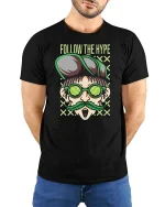 Follow The Hype Cool Dude Glasses Tshirt Streetwear Graphic - model wearing black tee with hands behind back