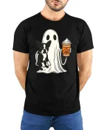 Cute Ghost Dog Coffee Halloween Tshirt Funny Fall Graphic Tee - model wearing black tee with hands behind back