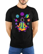 Rainbow Astronaut Meditation Tshirt Cosmic Yoga Graphic Tee - model wearing black tee with hands behind back