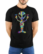 Psychedelic Alien Peace Sign Tshirt Trippy Space Graphic Tee - model wearing black tee with hands behind back