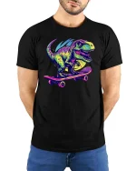 Skateboarding T Rex Neon Dinosaur Tshirt Cool Street Graphic - model wearing black tee with hands behind back