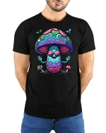 Trippy Mushroom Peace Sign Tshirt Psychedelic Art Graphic - model wearing black tee with hands behind back