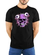 Psychedelic Skull Floating Eyes Tshirt Trippy Graphic Tee - model wearing black tee with hands behind back