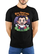 Funny Bite Upgrade in Progress Vampire Tshirt Tee - model wearing black tee with hands behind back