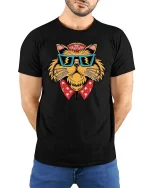Cool Cat Sunglasses Bandana Tshirt Street Style Graphic Tee - model wearing black tee with hands behind back