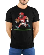 Funny Football Runner Cartoon Tshirt Cute Sports Graphic Tee - model wearing black tee with hands behind back