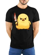 Funny Angry Chick Knife Cartoon Tshirt Dark Humor Graphic Tee - model wearing black tee with hands behind back