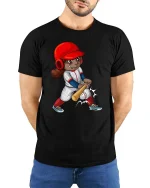Cute Baseball Girl Swing Cartoon Tshirt Sports Graphic Tee - model wearing black tee with hands behind back